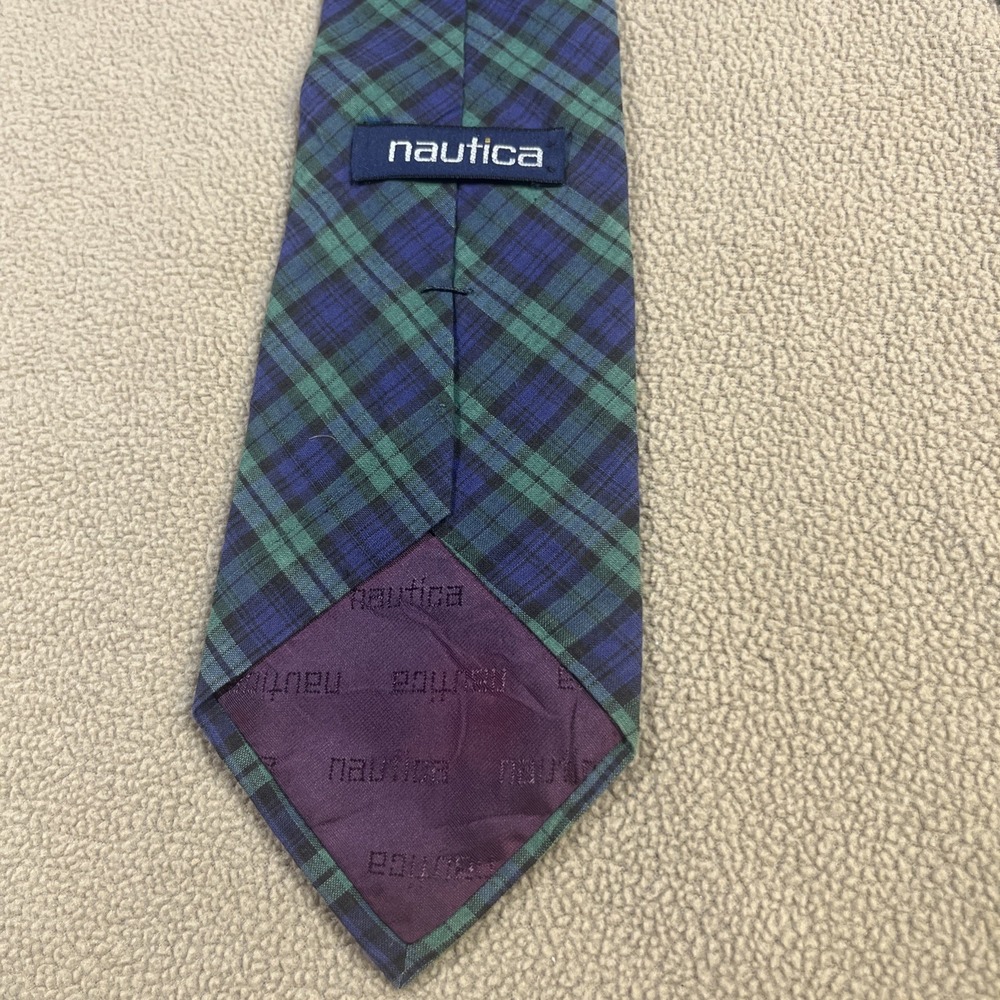 Nautica Men's 100% Cotton Tie Blue Green Plaid Made in USA 3.75" W 58.75" L - Picture 8 of 9
